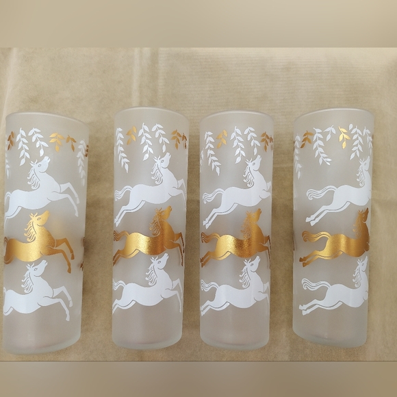 Libbey Other - Mid-Century Modern MCM Gold White Horses Highball Drinking Prohibition Glasses